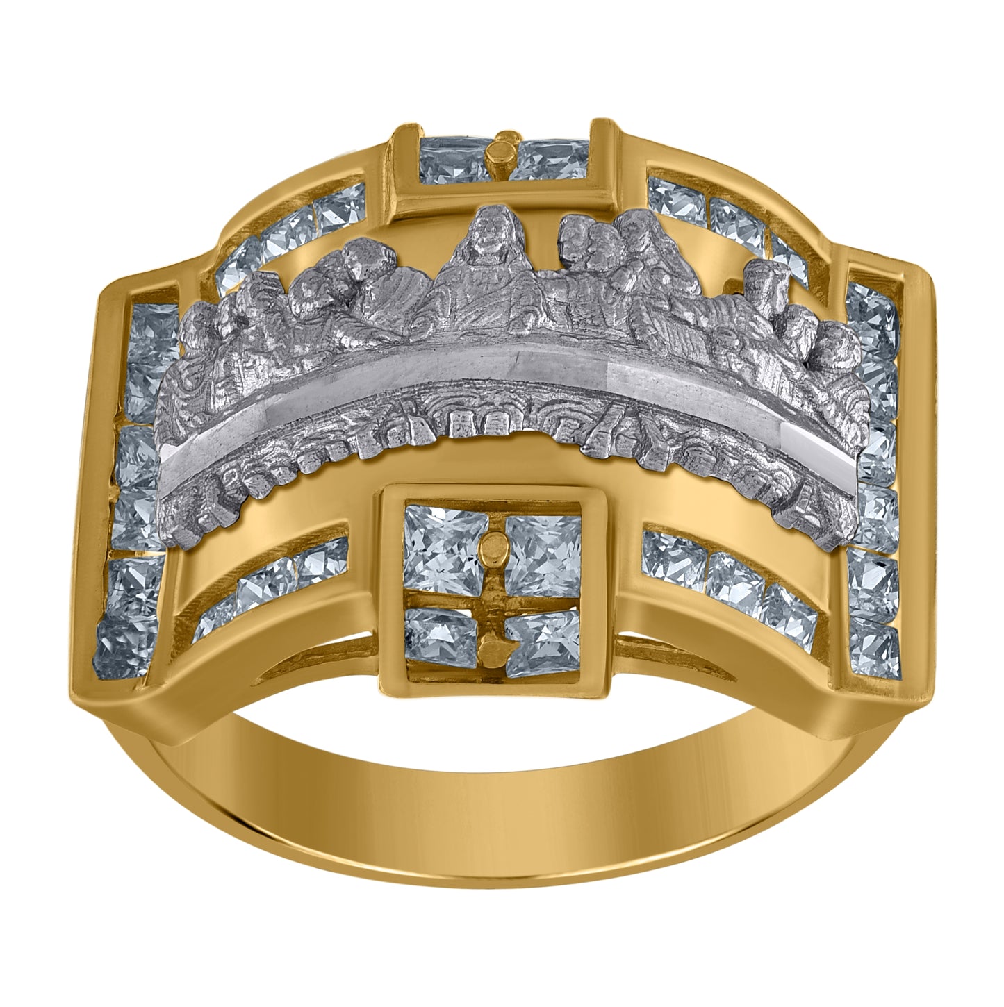 10K Two-Tone Gold Mens Princess-Cut Cubic Zirconia Diamond-Cut Last Supper Religious Ring