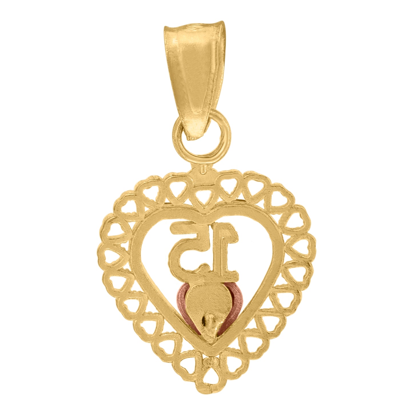 10K Gold Tri-Color Diamond-Cut Womens 15 Anos Heart Quinceanera Charm Pendant