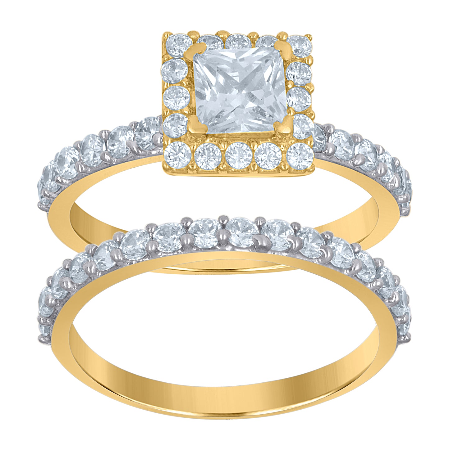 10K Yellow Gold Womens Princess-Cut Cubic Zirconia Halo Bridal Ring Set