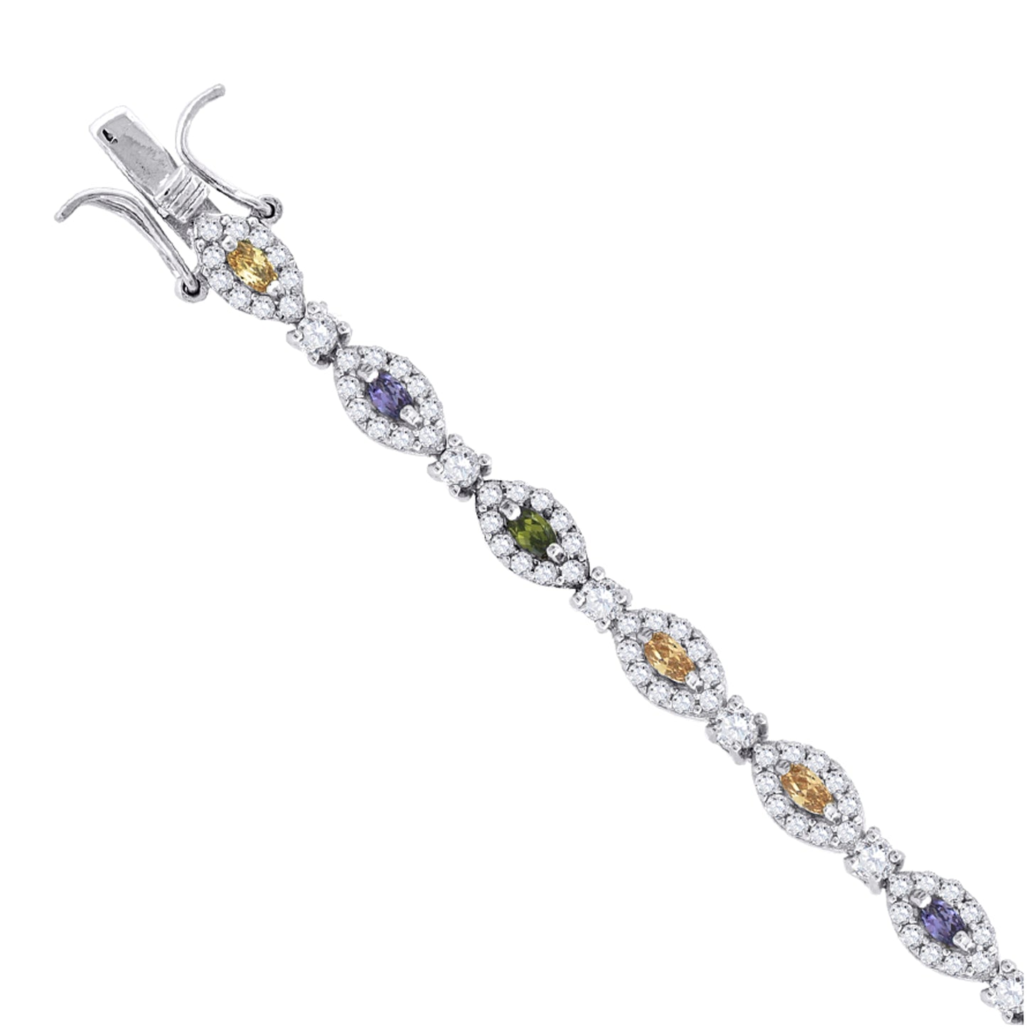 Sterling Silver Womens Multi Color Cubic Zirconia Marquise Link Bracelet