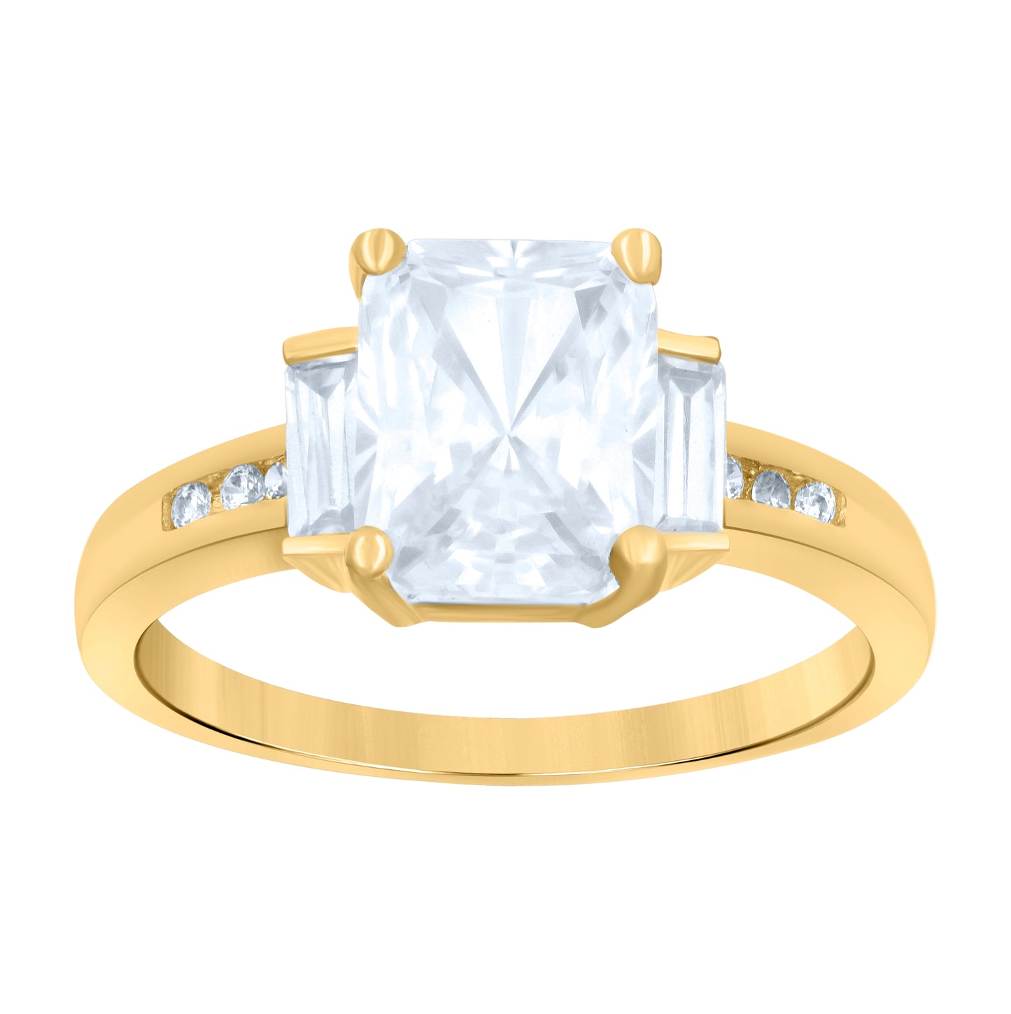 10K Yellow Gold Women Baguette/Emerald-Cut Round Cubic-Zirconia Fashion Ring
