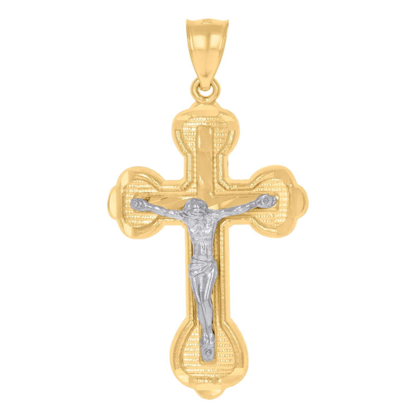 10K Yellow Gold Two-Tone Diamond-Cut Mens Cross Crucifix Religious Charm Pendant