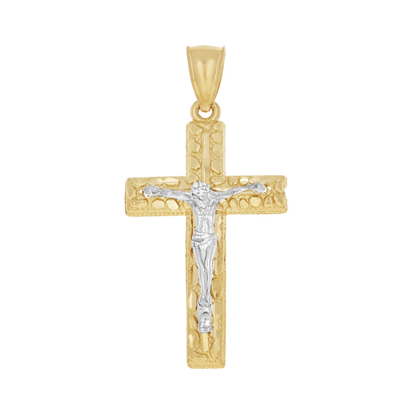 10K Yellow Gold Two-Tone Diamond-Cut Mens Cross Crucifix Religious Charm Pendant