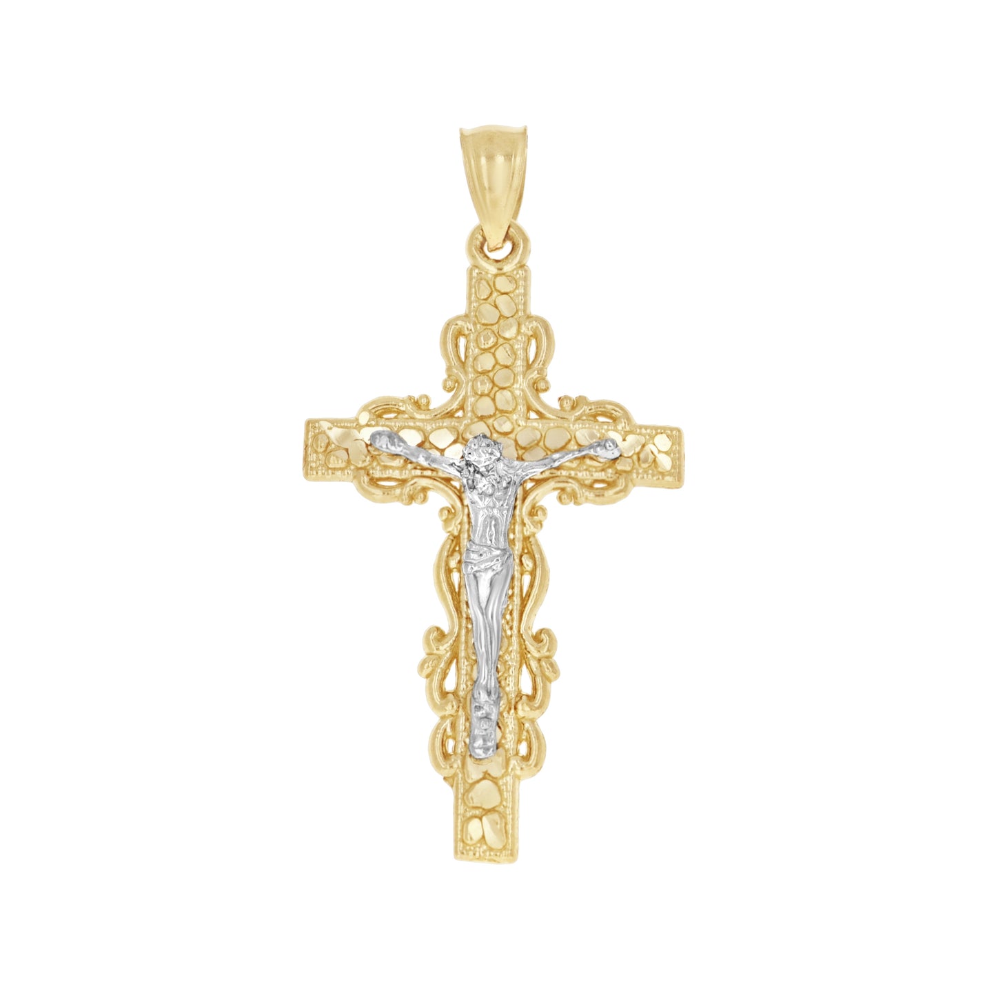 10K Gold Two-Tone Diamond-Cut Mens Cross Crucifix Religious Charm Pendant