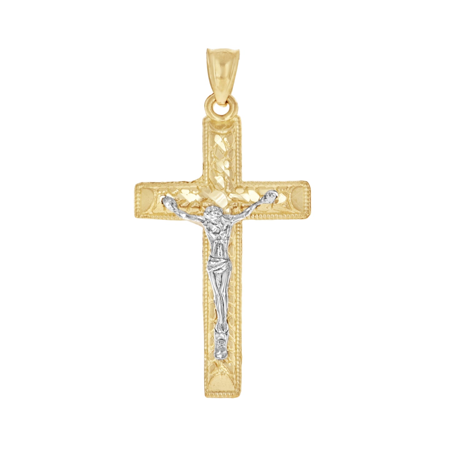 10K Two-Tone Gold Mens Women Nugget Textured Crucifix Cross Religious Charm Pendant