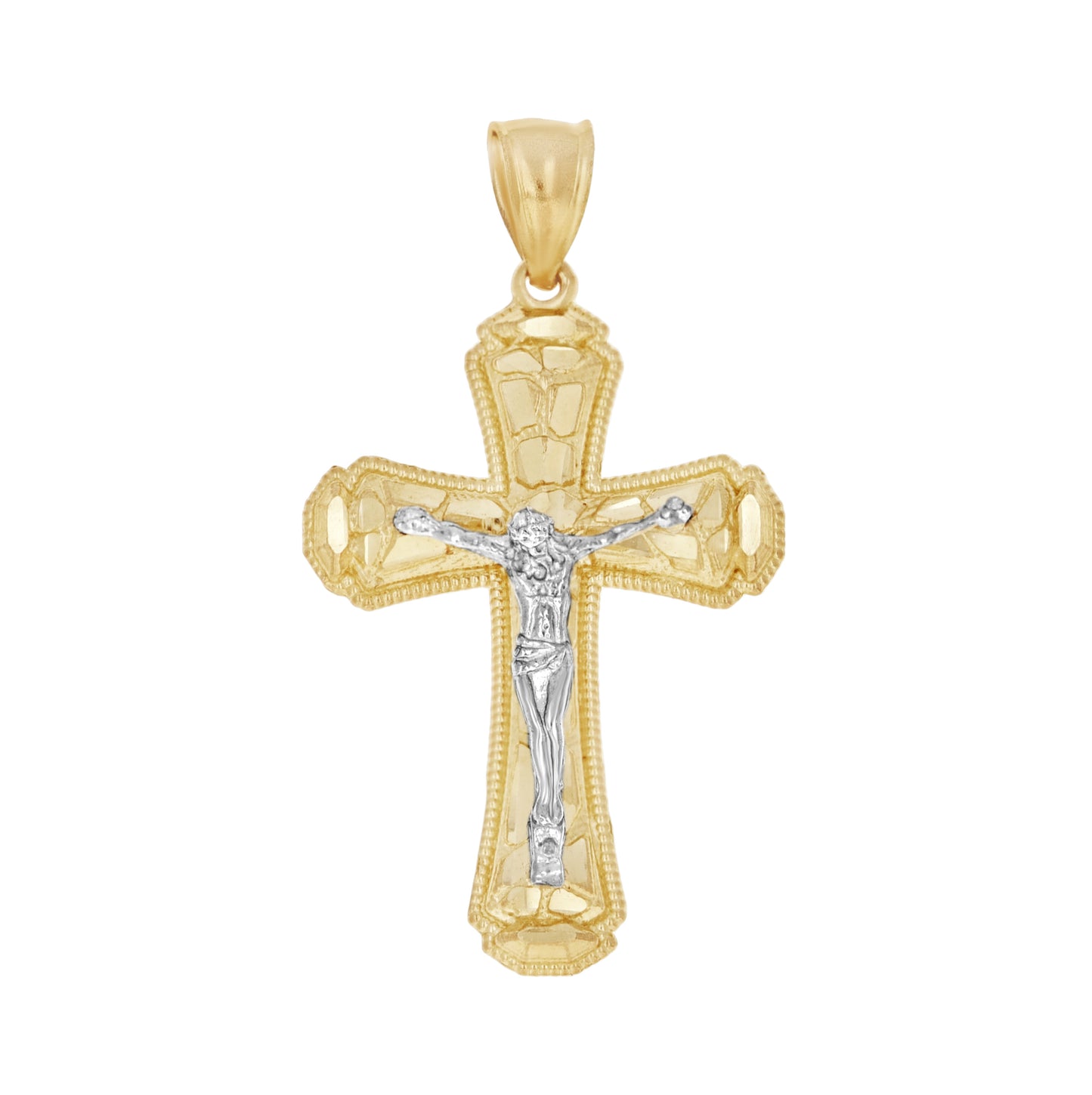 10K Gold Two-Tone Diamond-Cut Mens Cross Crucifix Religious Charm Pendant