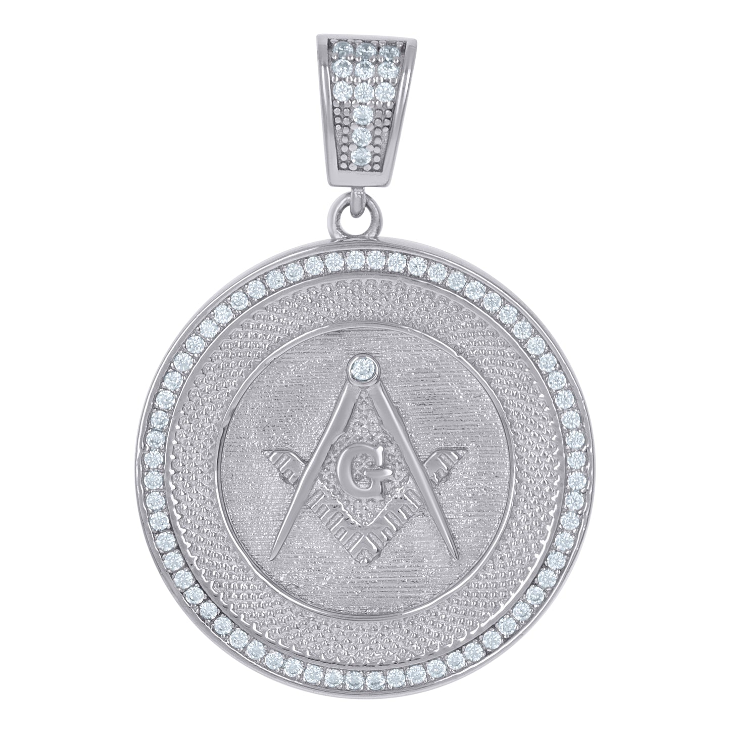 Sterling Silver Mens Cubic-Zirconia Masonic Medallion Symbol Religious Charm Pendant