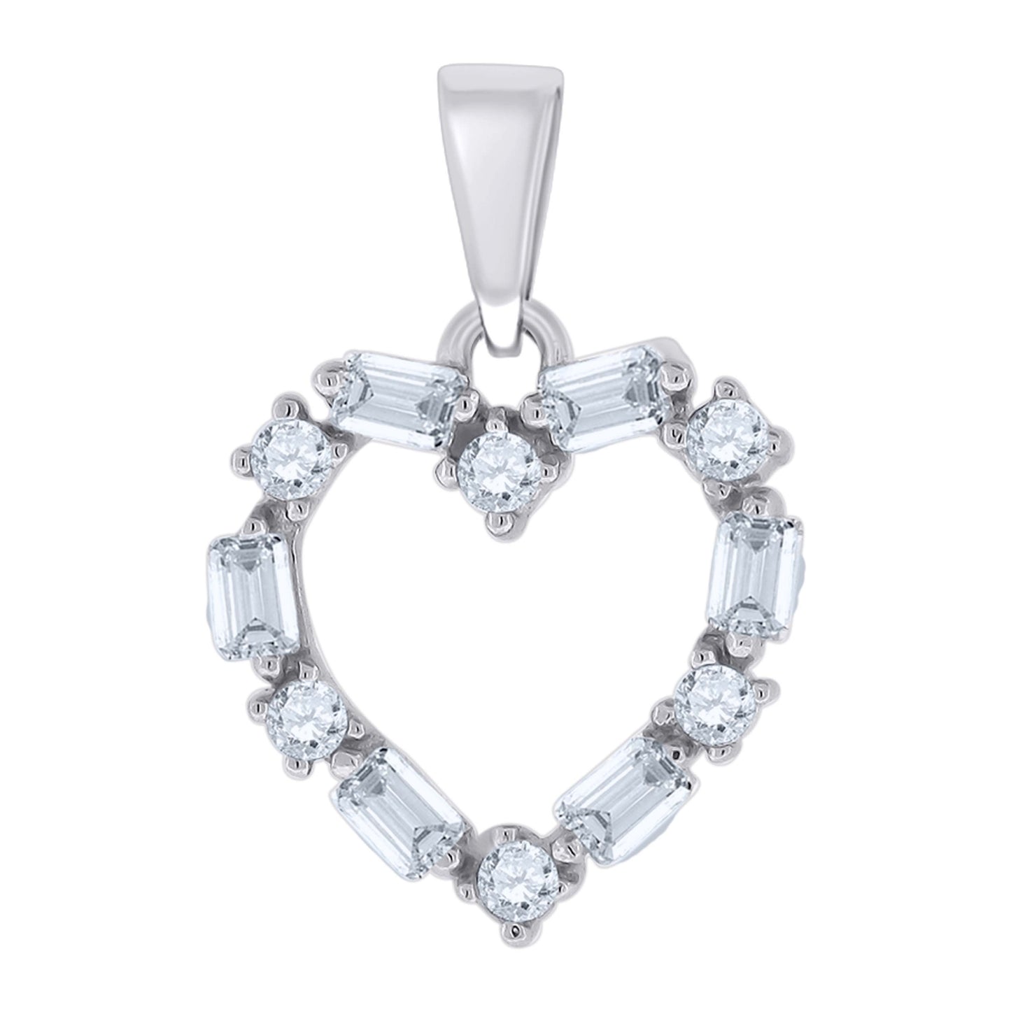 Sterling Silver Womens Baguette Cubic-Zirconia Heart Charm Pendant