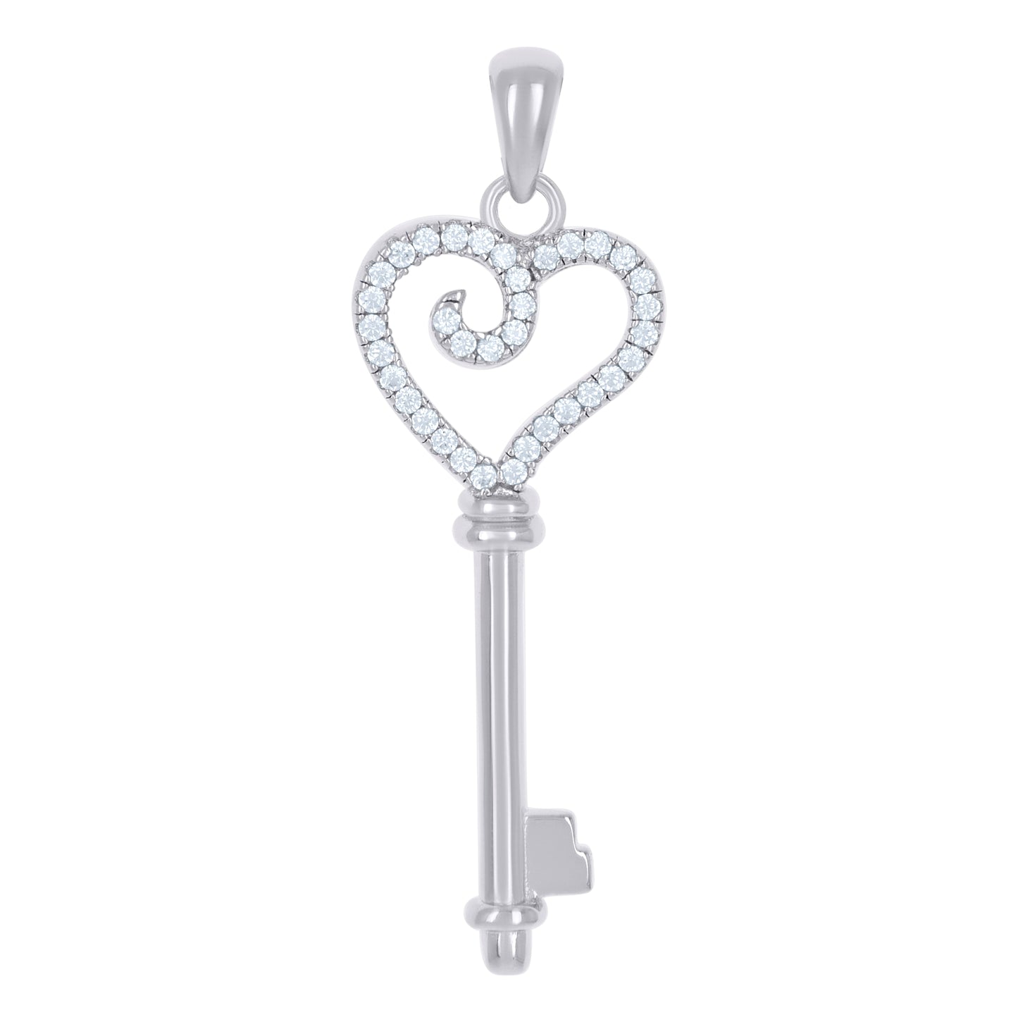 Sterling Silver Womens Cubic-Zirconia Heart Key Charm Pendant