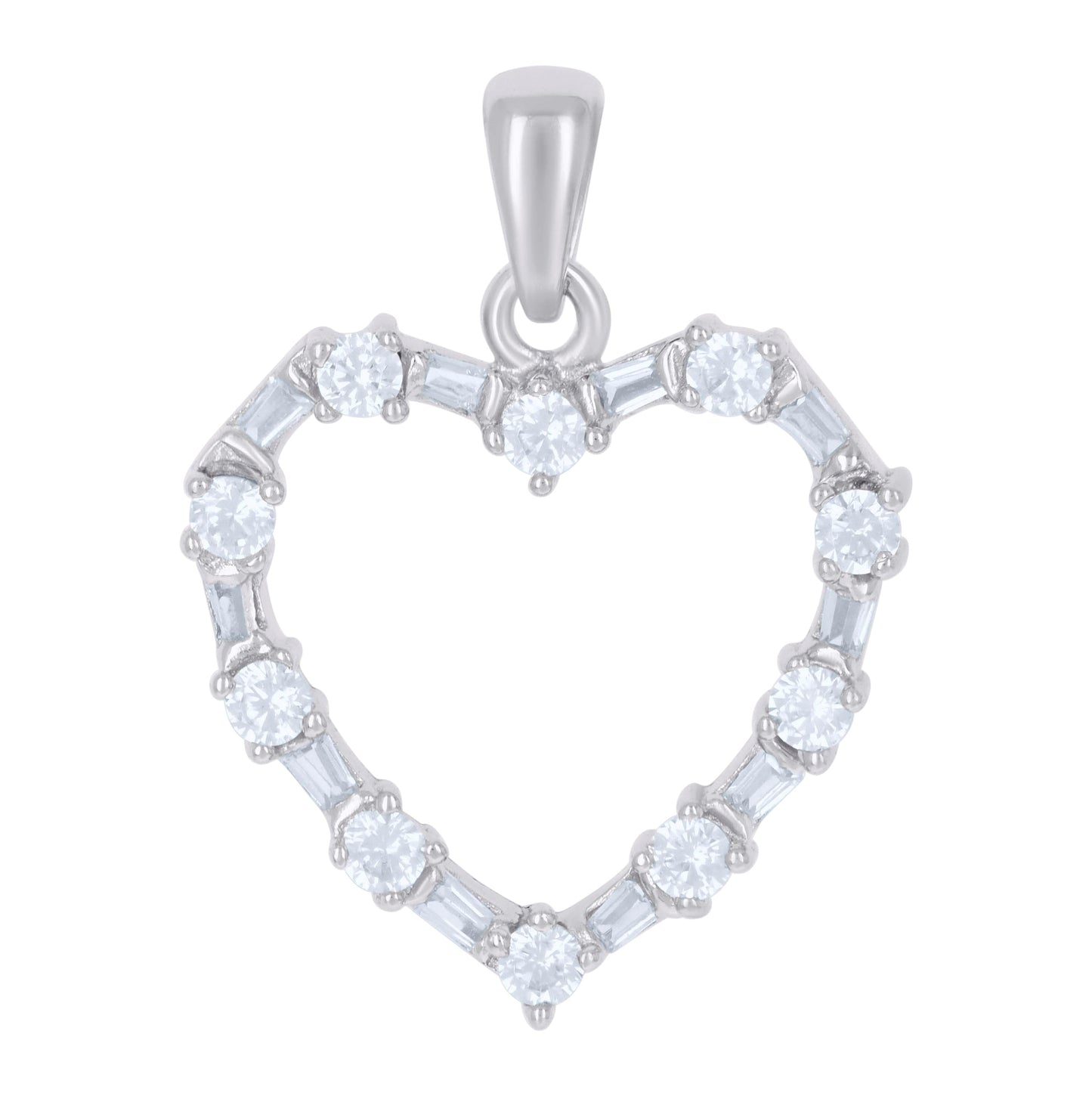 Sterling Silver Womens Baguette Cubic-Zirconia Heart Charm Pendant