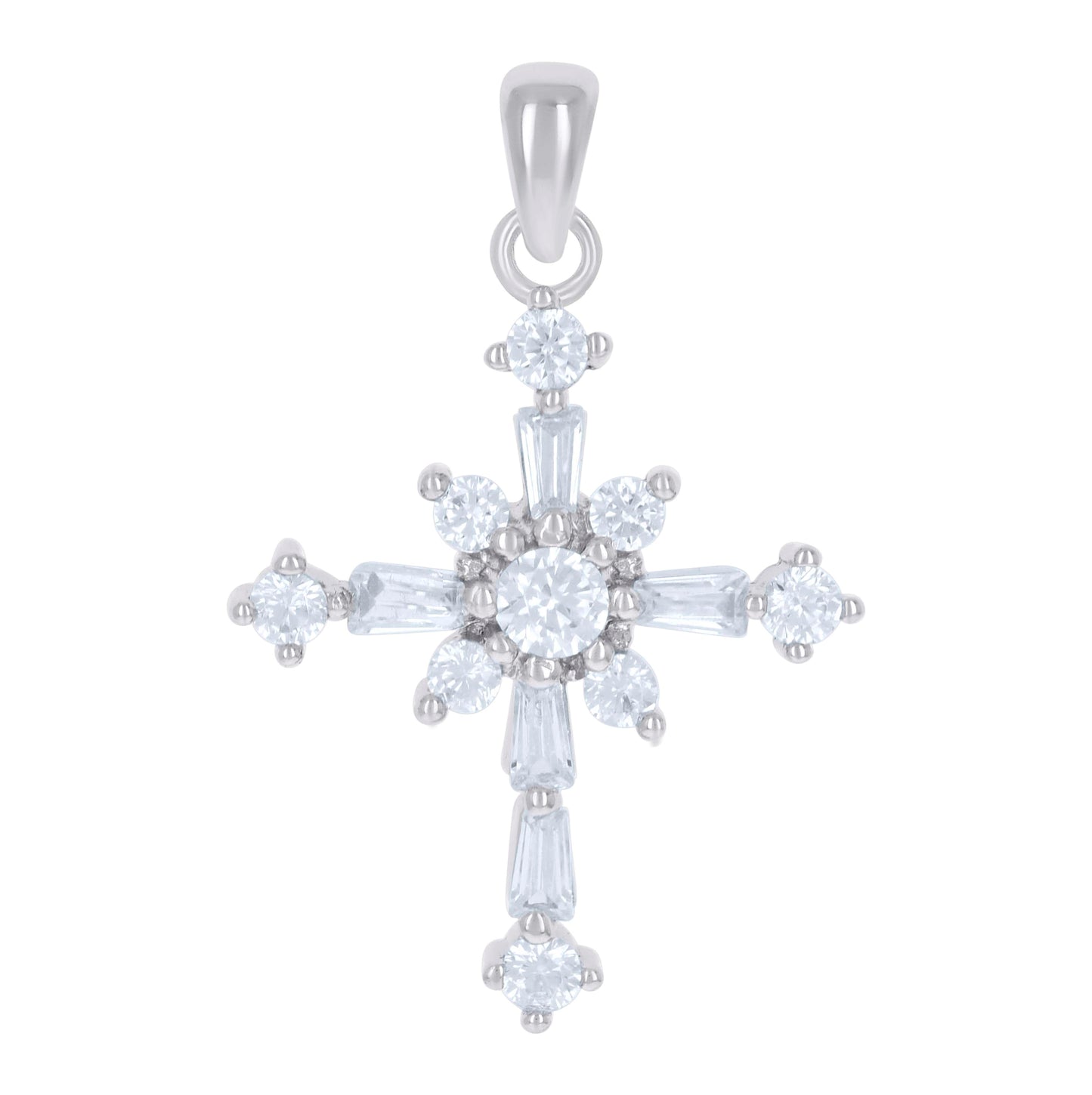 Sterling Silver Unisex Baguette Cubic Zirconia Cross Religious Charm Pendant