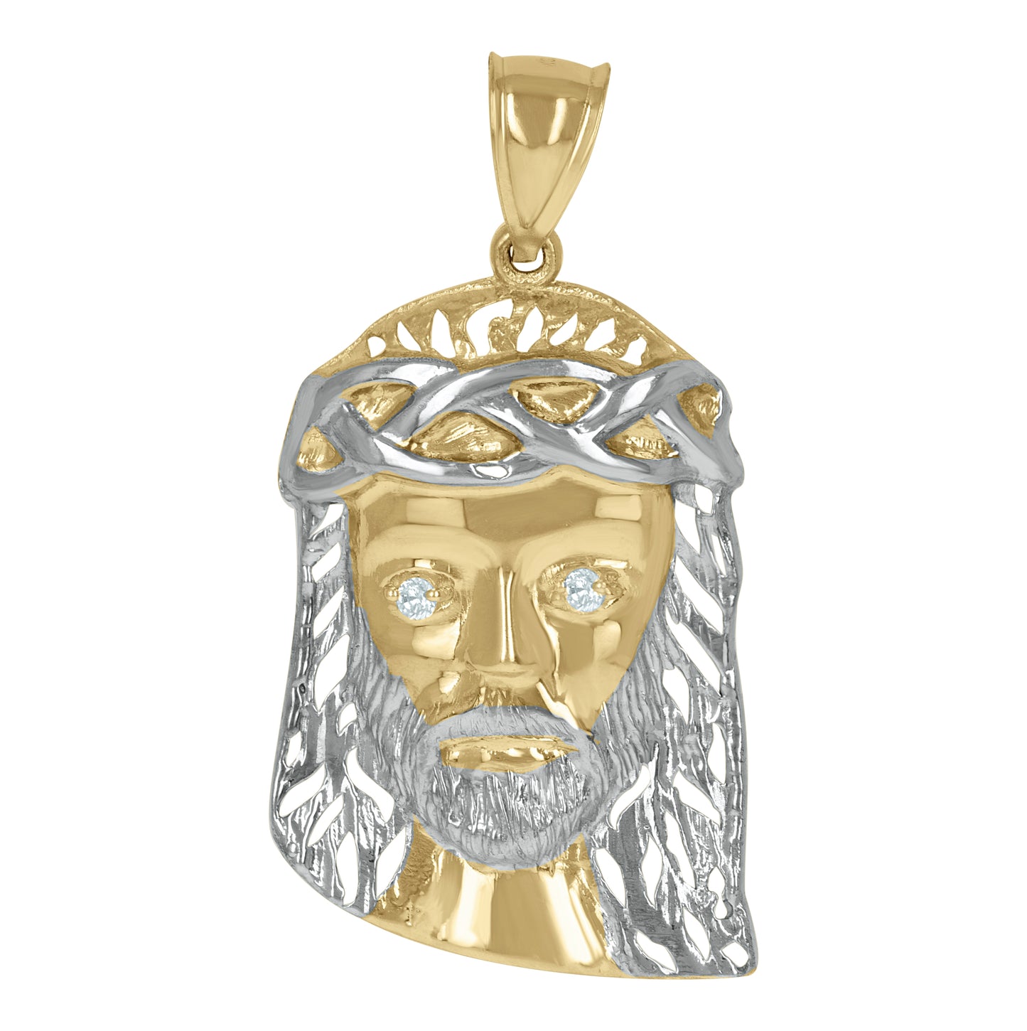 10K Two-Tone Gold Mens Women Cubic Zirconia Jesus Face Religious Charm Pendant