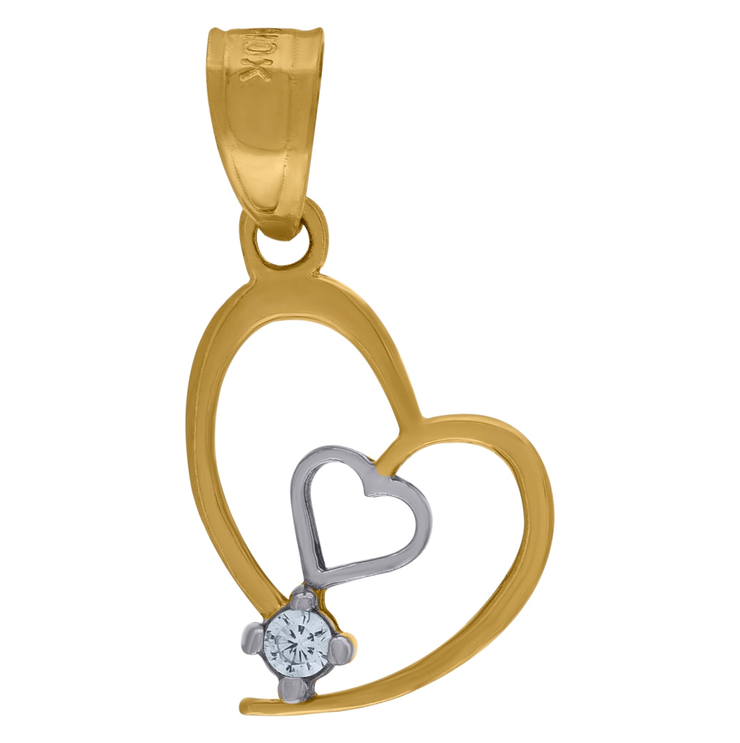 10K Gold Two-Tone Cubic-Zirconia Womens Heart Charm Pendant
