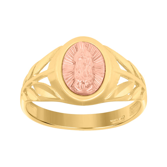 10K Tri-Color Gold Womens Diamond Cut Textured Lady Of Guadalupe Religious Ring