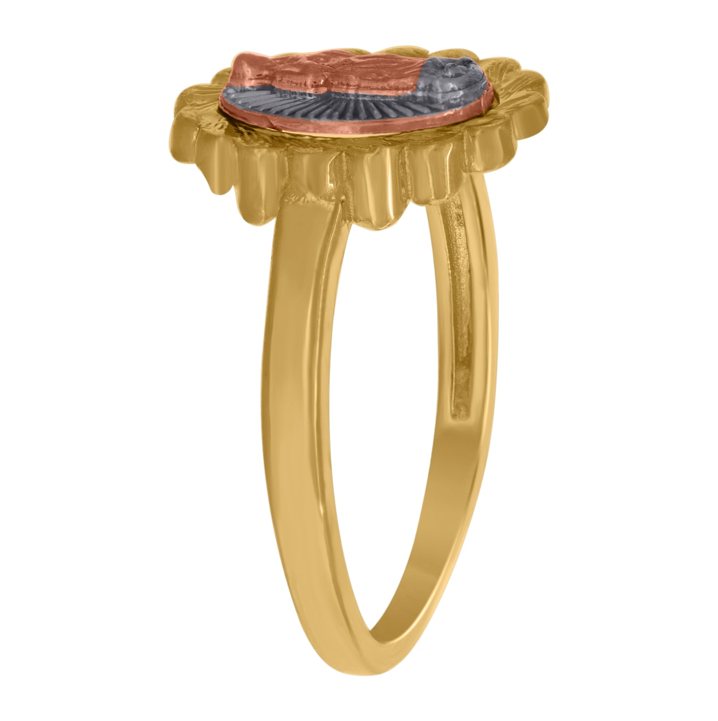 10K Tri-Color Gold Womens Diamond Cut Textured Lady Of Guadalupe Religious Ring