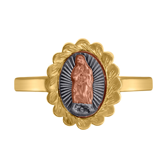 10K Tri-Color Gold Womens Diamond Cut Textured Lady Of Guadalupe Religious Ring
