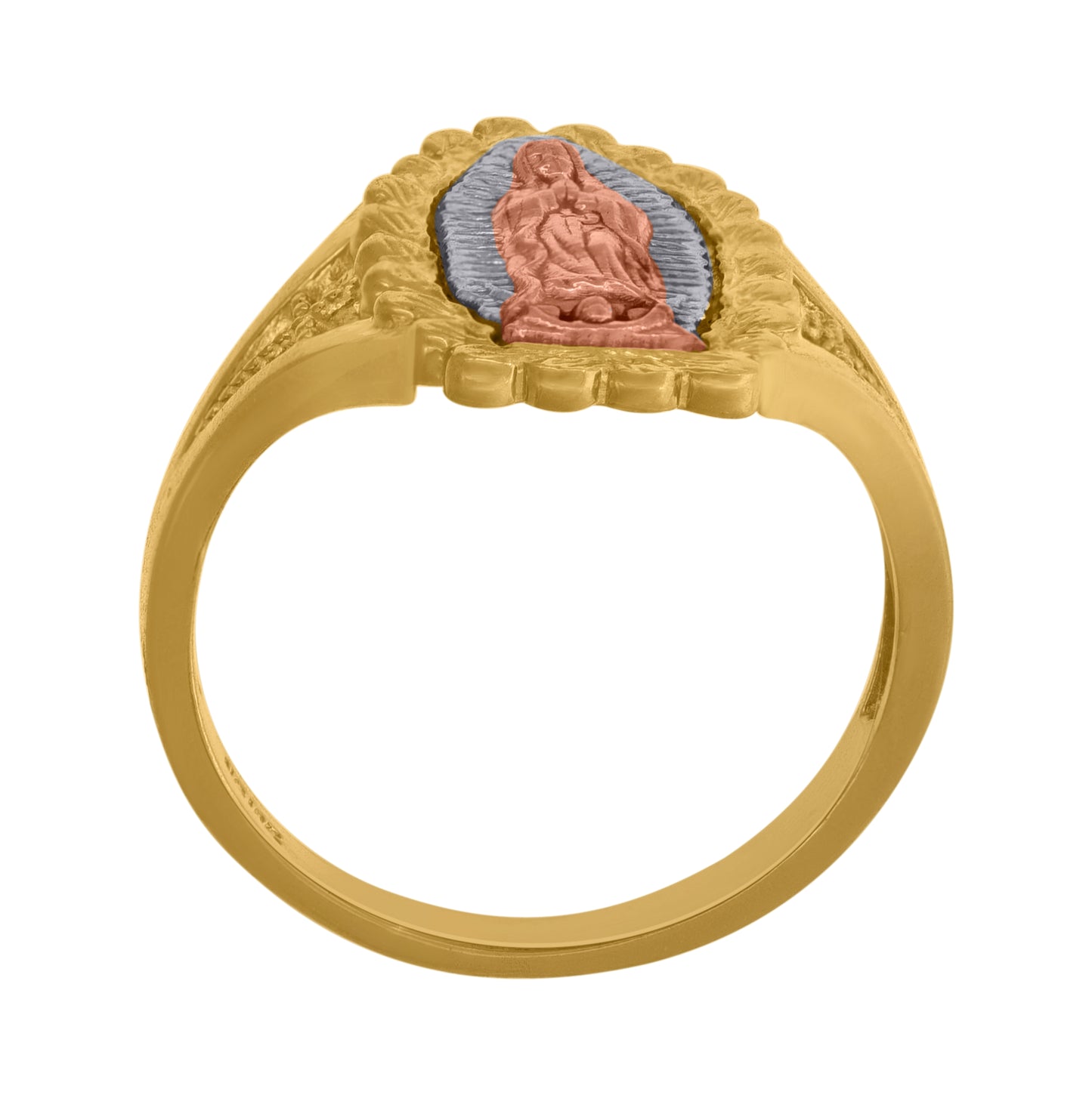10K Tri-Color Gold Womens Diamond Cut Textured Lady Of Guadalupe Religious Ring