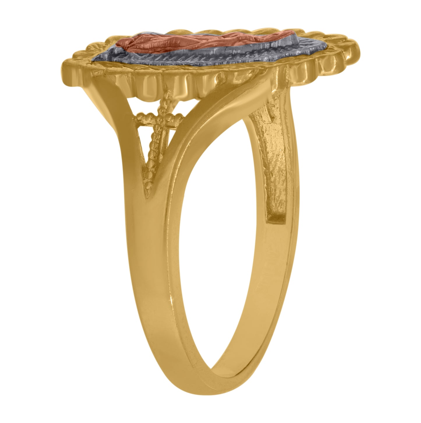 10K Tri-Color Gold Womens Diamond Cut Textured Lady Of Guadalupe Religious Ring