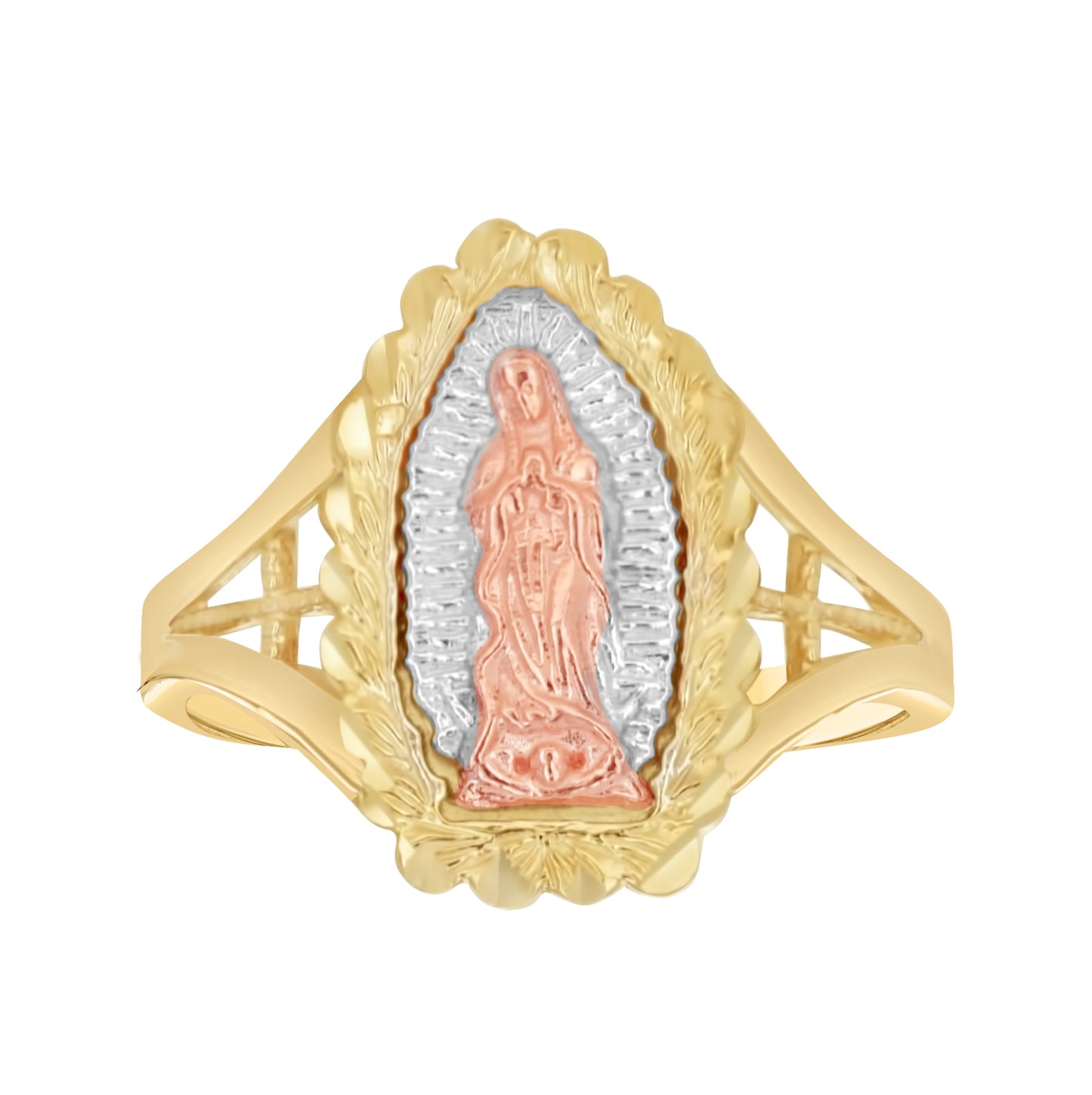 10K Tri-Color Gold Womens Diamond Cut Textured Lady Of Guadalupe Religious Ring