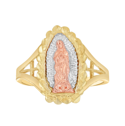 10K Tri-Color Gold Womens Diamond Cut Textured Lady Of Guadalupe Religious Ring