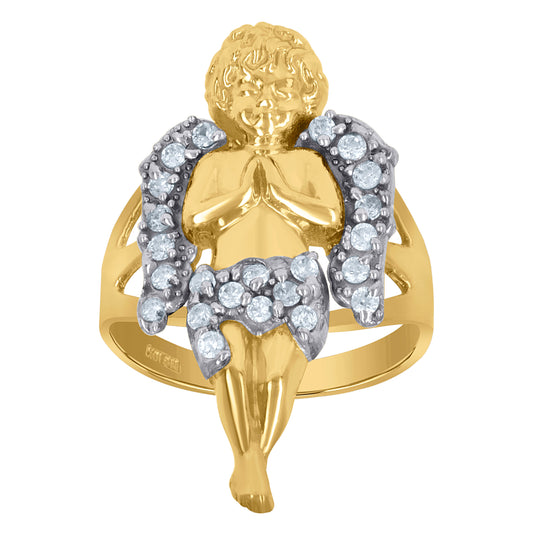 10K Two-Tone Gold Mens Round Cubic Zirconia Praying Angel Wings Religious Ring