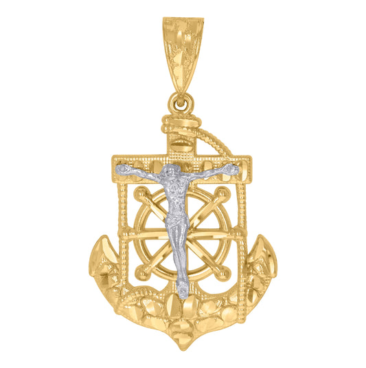 10K Gold Two-Tone Mens Anchor Cross Crucifix Religious Charm Pendant