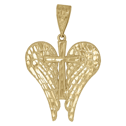 10K Yellow Gold Diamond-Cut Nugget Mens Cross Angel Wings Religious Charm Pendant
