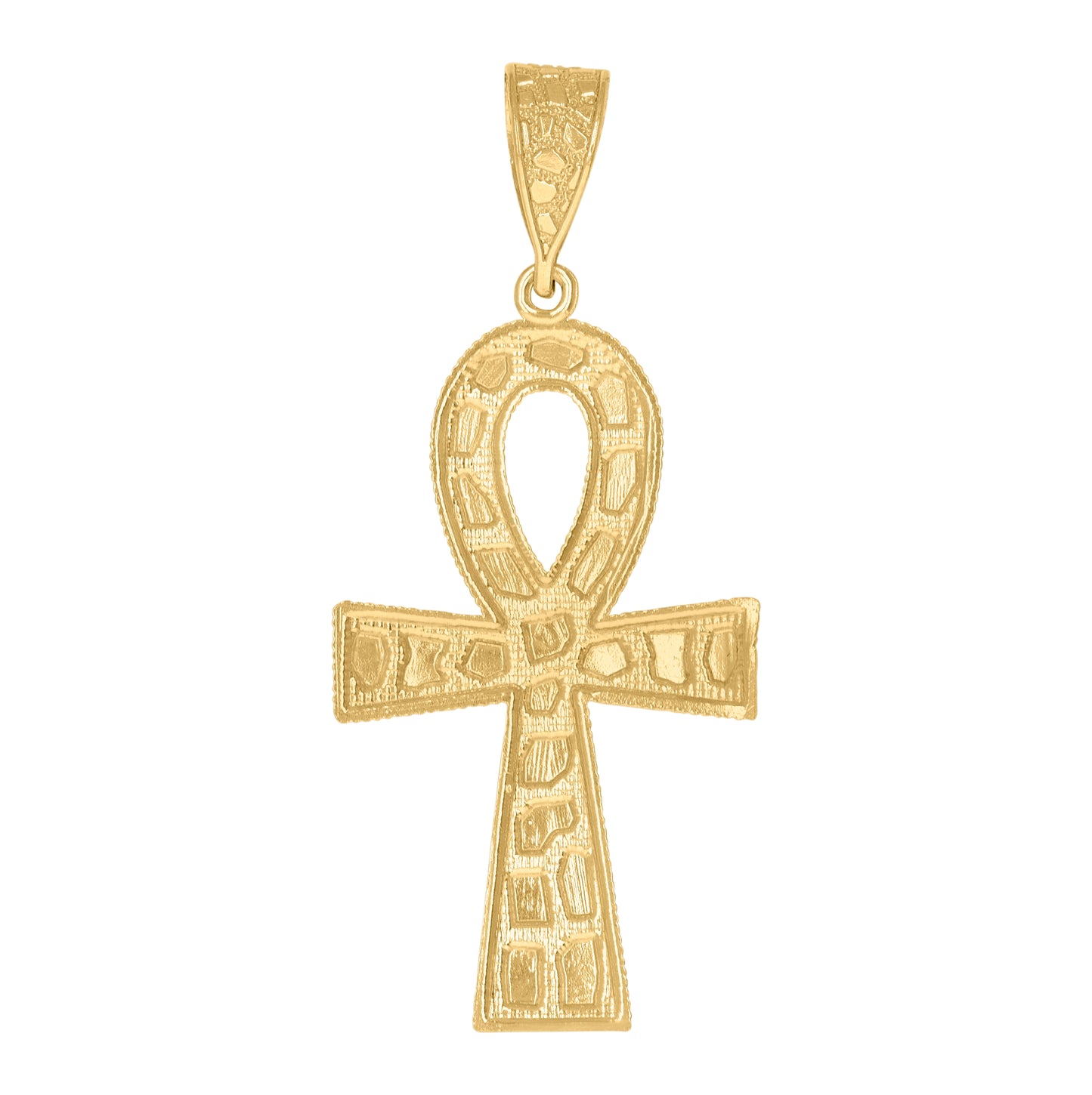 10K Yellow Gold Mens Women Nugget Textured Ankh Cross Religious Charm Pendant