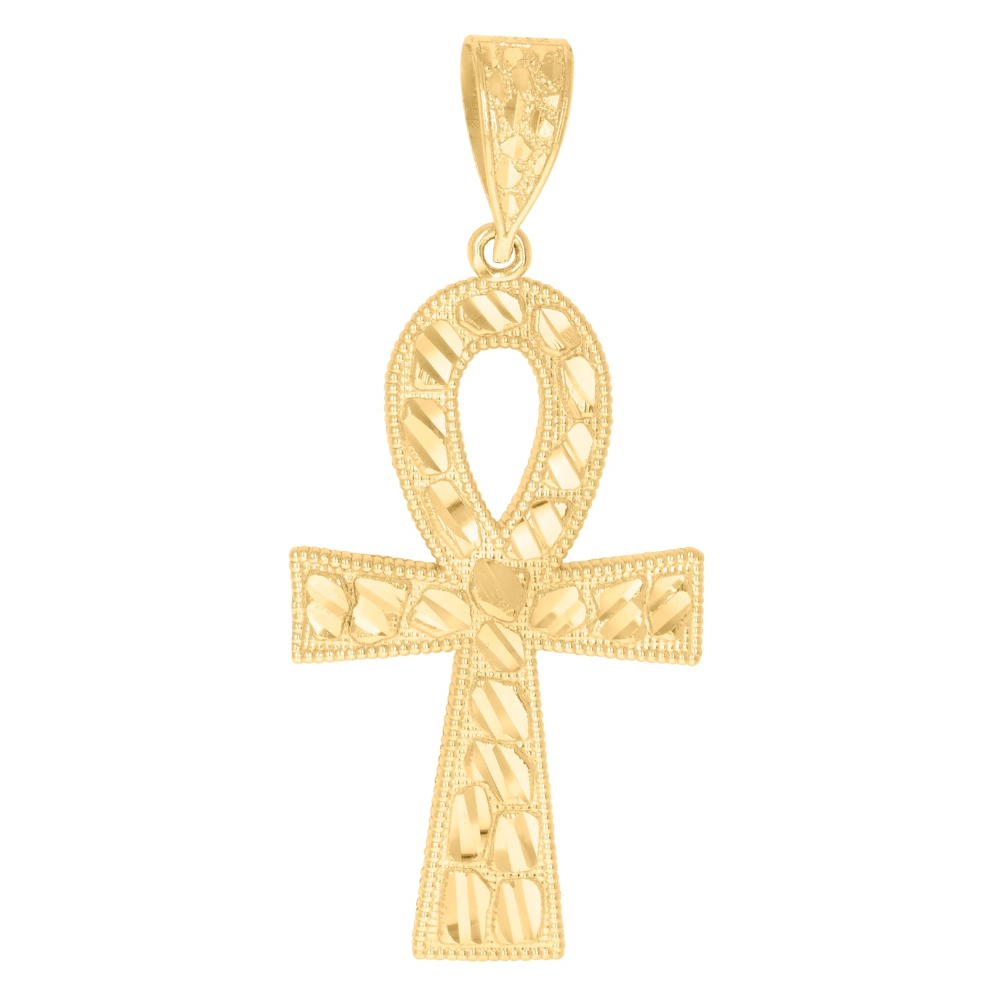 10K Yellow Gold Mens Women Nugget Textured Ankh Cross Religious Charm Pendant