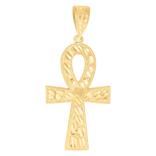 10K Yellow Gold Mens Women Nugget Textured Ankh Cross Religious Charm Pendant