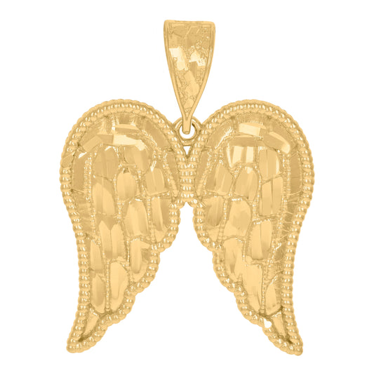10K Yellow Gold Mens Women Nugget Textured Angel Wings Charm Pendant