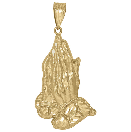 10K Yellow Gold Diamond-Cut Nugget Mens Praying Hands Religious Charm Pendant
