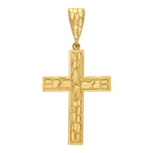10K Yellow Gold Diamond-Cut Nugget Mens Cross Religious Charm Pendant