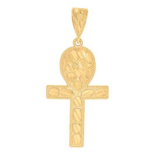 10K Yellow Gold Mens Women Nugget Textured Ankh Cross Religious Charm Pendant