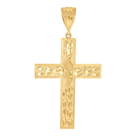 10K Yellow Gold Diamond-Cut Nugget Mens Cross Religious Charm Pendant