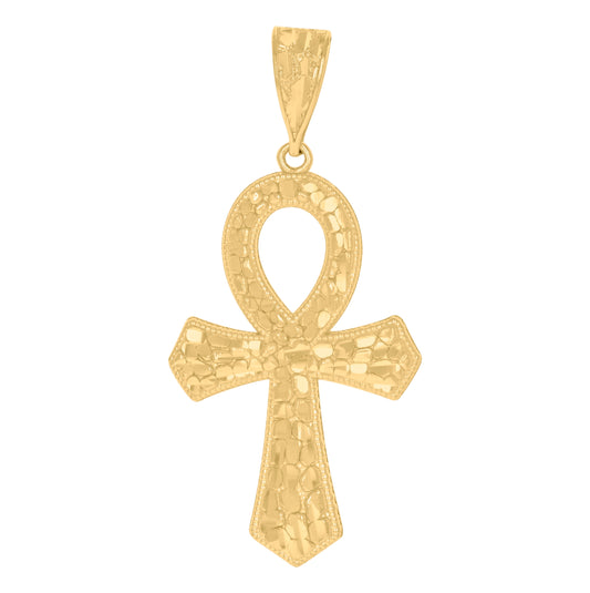 10K Yellow Gold Diamond-Cut Nugget Mens Ankh Cross Religious Charm Pendant