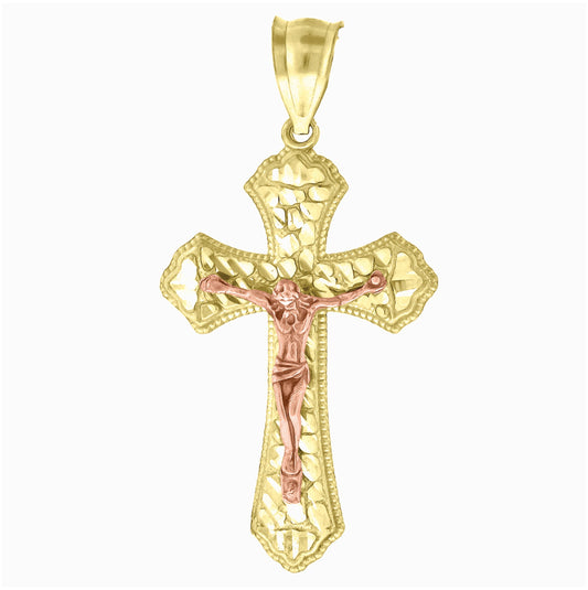 10K Gold Two-Tone Diamond-Cut Nugget Mens Cross Crucifix Religious Charm Pendant