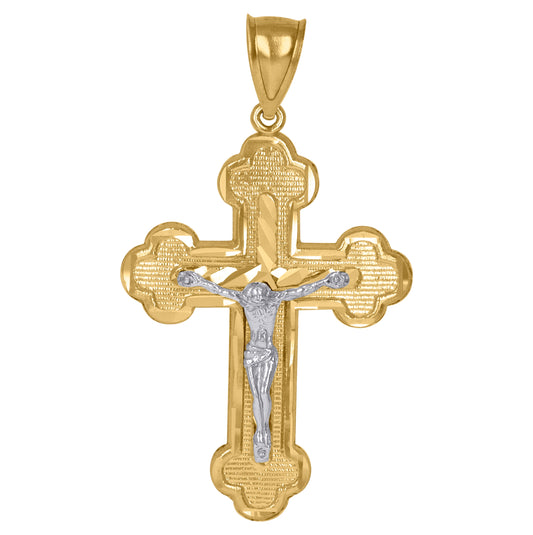 10K Gold Two-Tone Diamond-Cut Mens Cross Crucifix Religious Charm Pendant