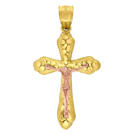 10K Two-Tone Gold Mens Women Nugget Textured Crucifix Cross Religious Charm Pendant