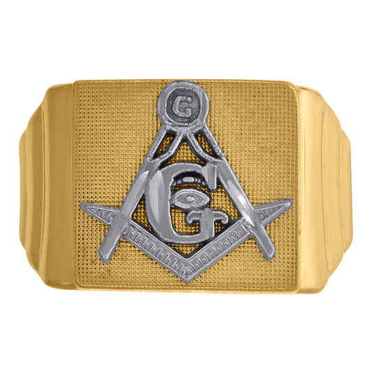 10K Two-Tone Gold Mens Diamond Cut Textured Masonic Vintage Square Religious Ring