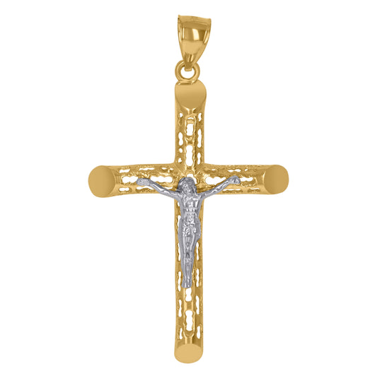 10K Gold Two-Tone Diamond-Cut Mens Cross Crucifix Religious Charm Pendant