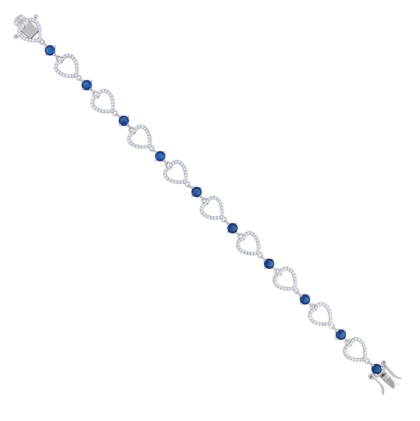 Sterling Silver Womens Blue & White Cubic Zirconia Link Heart Bracelet
