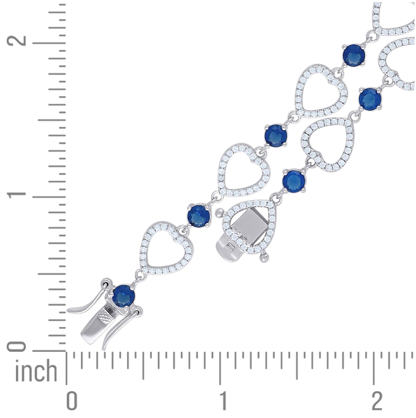 Sterling Silver Womens Blue & White Cubic Zirconia Link Heart Bracelet