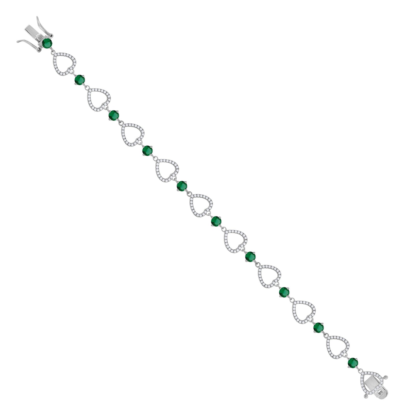 Sterling Silver Womens Green & White Cubic Zirconia Link Heart Bracelet