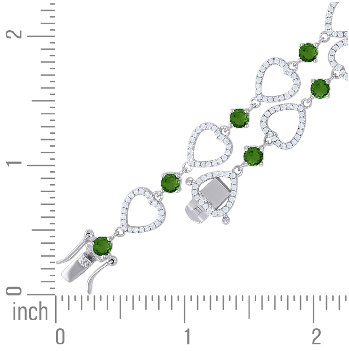 Sterling Silver Womens Green & White Cubic Zirconia Link Heart Bracelet