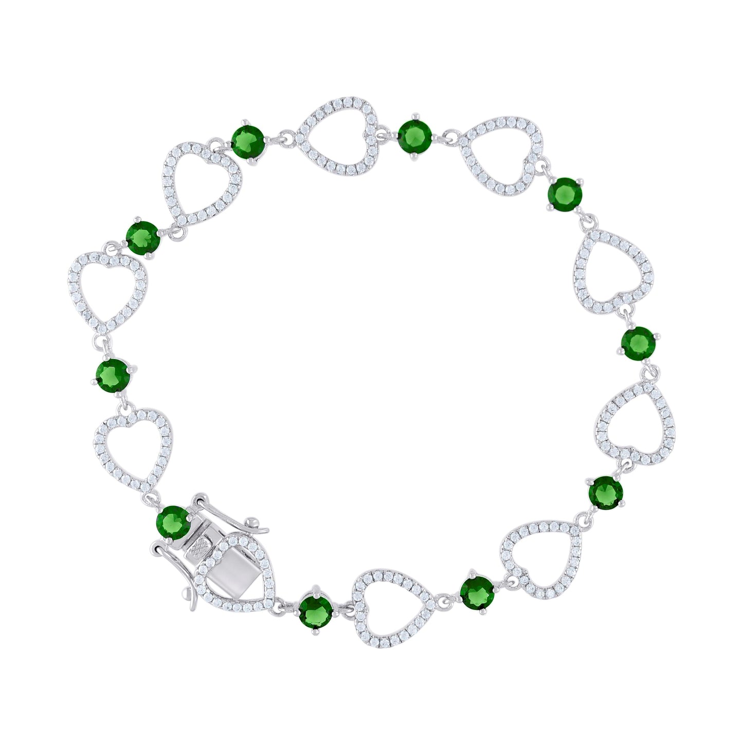 Sterling Silver Womens Green & White Cubic Zirconia Link Heart Bracelet
