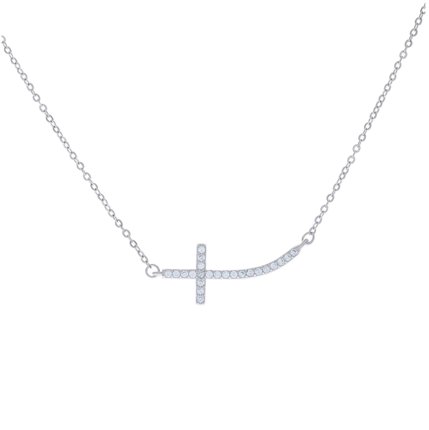Sterling Silver Women Cubic Zirconia Rolo Link Religious Cross Necklace