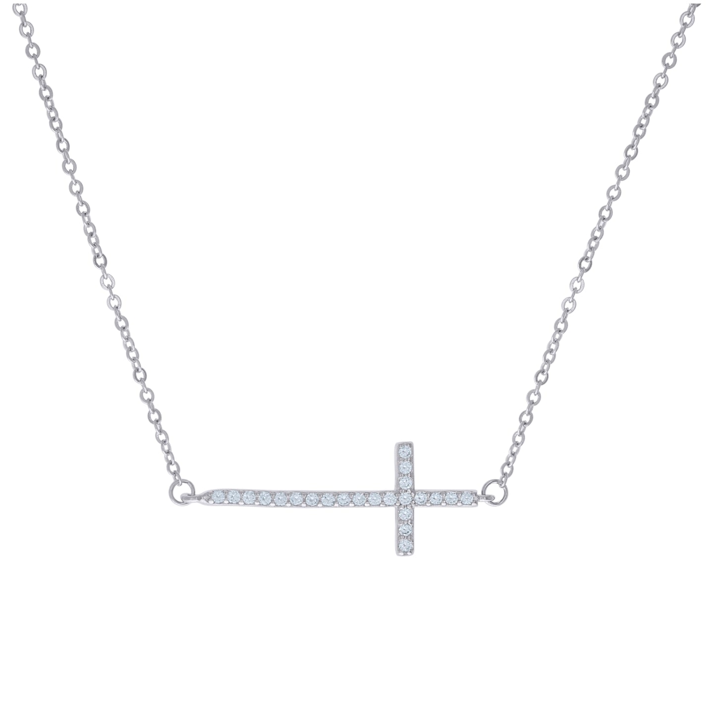 Sterling Silver Women Cubic Zirconia Rolo Link Cross Necklace