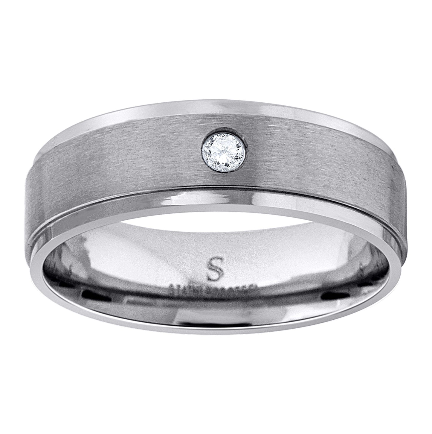 Stainless Steel Mens Cubic Zirconia Brushed Center With Step Edge Comfort-Fit Bridal Anniversary Wedding Engagement Band Ring