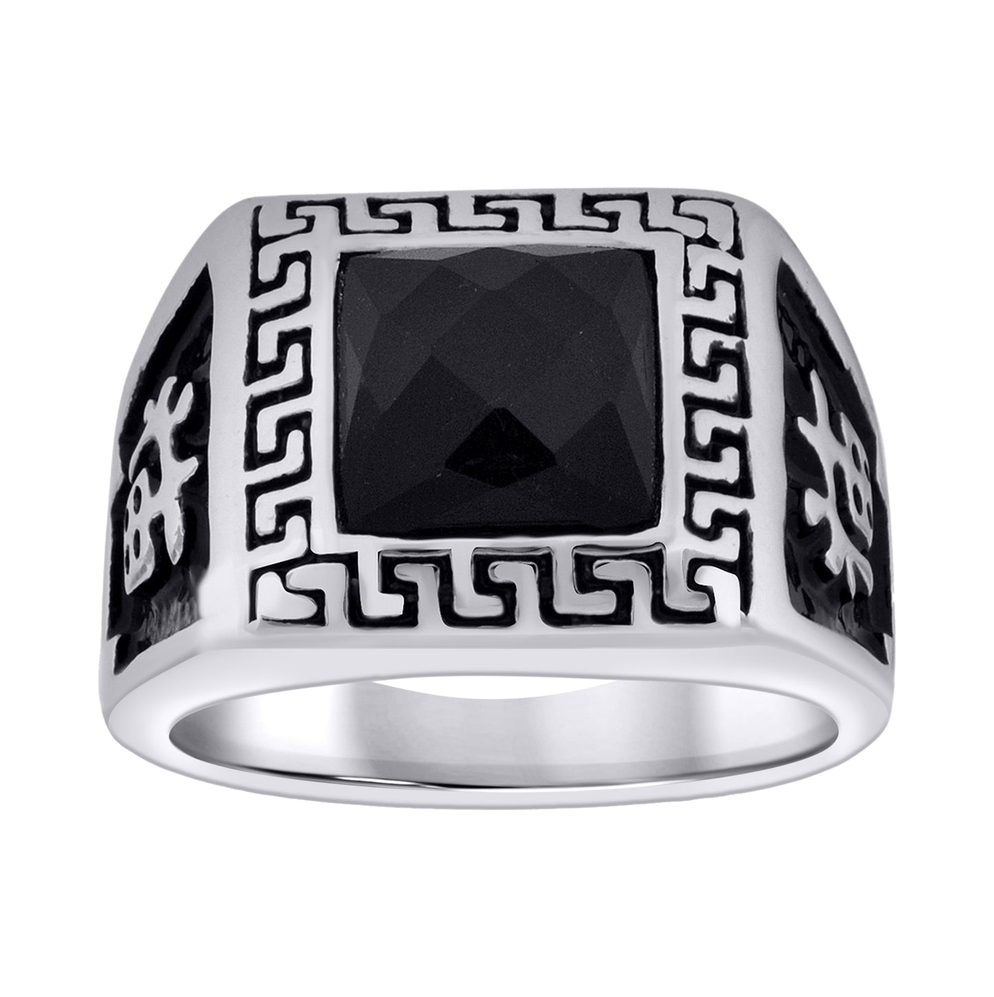 Stainless Steel Mens Square Facet Black Crystal Chinese Style Vintage Comfort-Fit Bridal Anniversary Wedding Engagement Band Ring